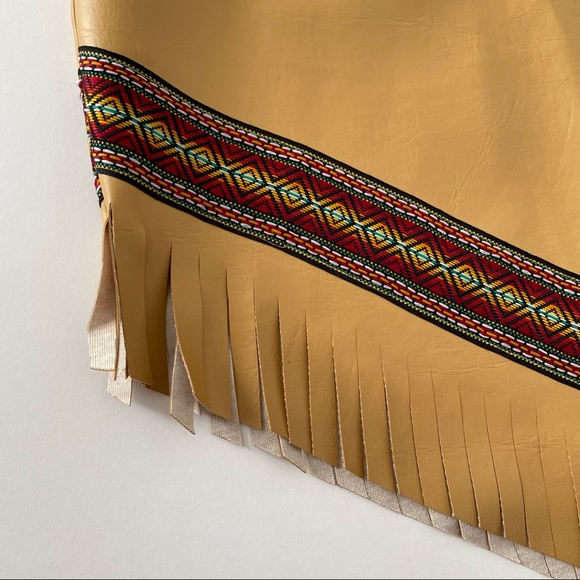 Vintage Native American Fringe Vegan Leather Sheath Dress Embroidery Tan Gold M - Picture 6 of 14